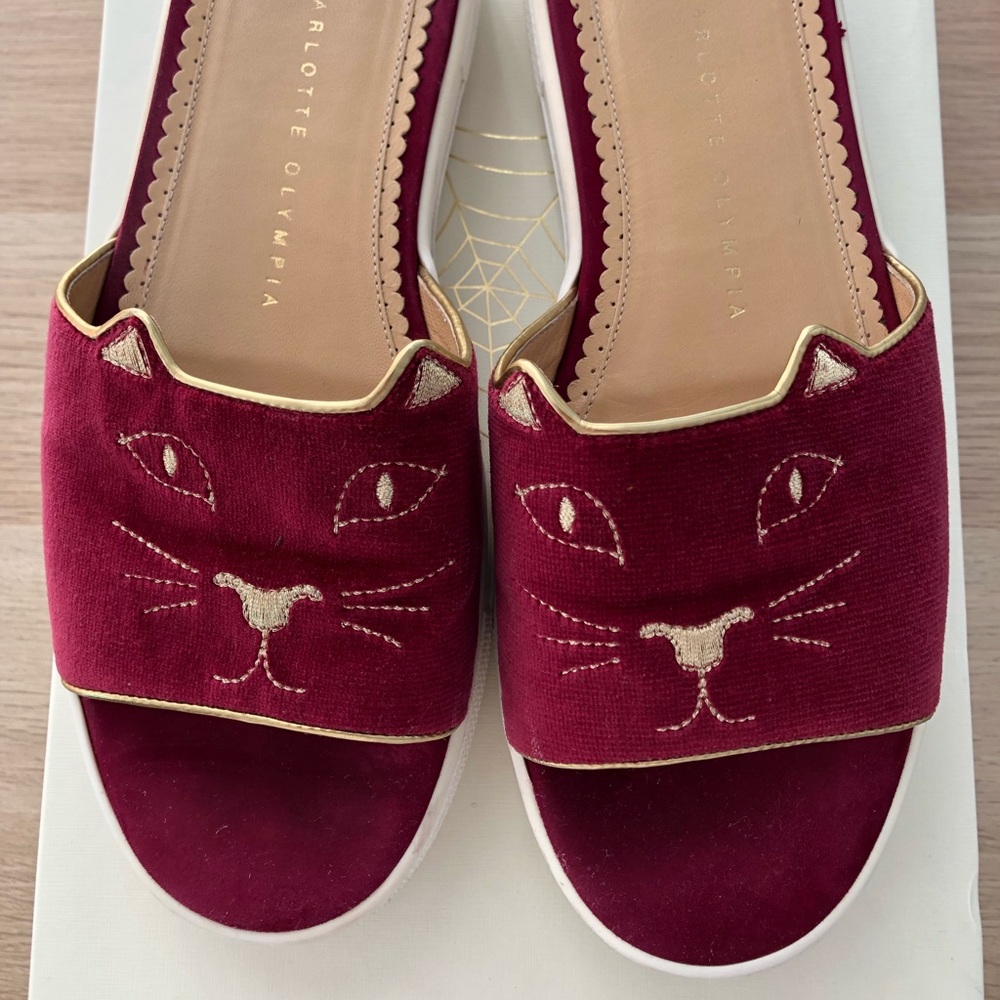 Charlotte Olympia Velvet Kitty Pool Sliders